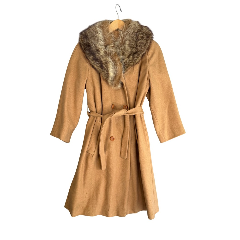 Vintage 60s Wool Faux Fur Trim Trench Coat Womens M Camel Belted Long Mob ILGWU